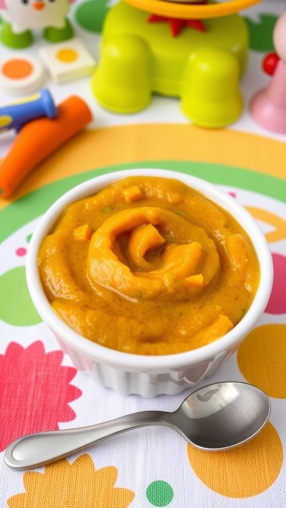 A bowl of smooth vegetable puree for babies made from carrots, peas, and sweet potatoes, with a spoon on a colorful mat.